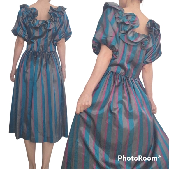 Vintage Lizzy&Johnny By Lucero Striped Ruffled Neck Puff sleeve midi dress Sz 10 - Picture 3 of 9